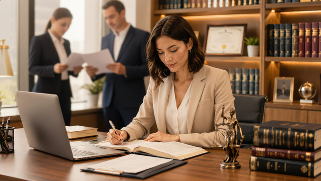 Attorney preparing case documents in a law office for client consultation, contract review, legal research, corporate counsel and compliance support.