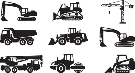 Obraz premium Construction Vehicle Vector Graphics Collection, bulldozer, loader, forklift, equipment, building