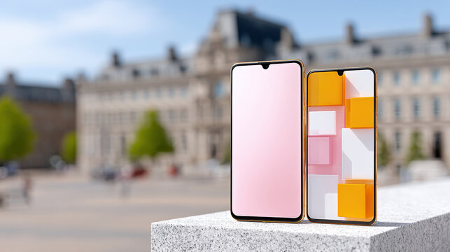 Dual vertical smartphone mockup with blank portrait screens on urban stone ledge for app presentation, landing page display and mobile ui showcase in outdoor city plaza