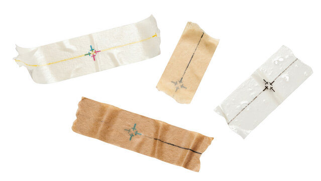 Set of various adhesive tape strips with registration marks isolated on transparent background