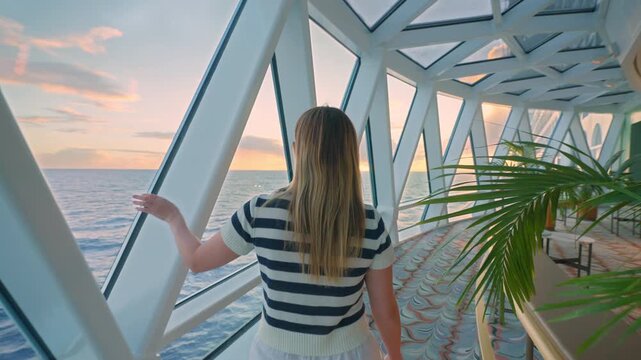 Young woman in striped navy top strolls through modern cruise ship observation lounge with geometric white steel framework and panoramic windows revealing breathtaking golden sunset over calm ocean.