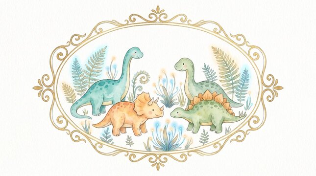 Watercolor dinosaur illustration, charming baby dinosaurs in a decorative gold frame, prehistoric animal art for children's designs, nursery decor, and educational materials.