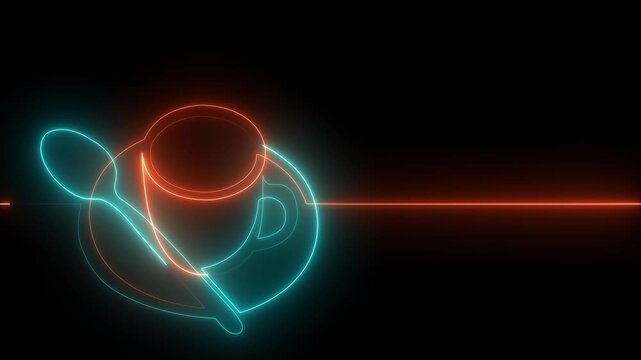 Glowing Neon Coffee Cup and Spoon Continuous Line Art Animation with Dynamic Color Changing Effect on Black Background Loop