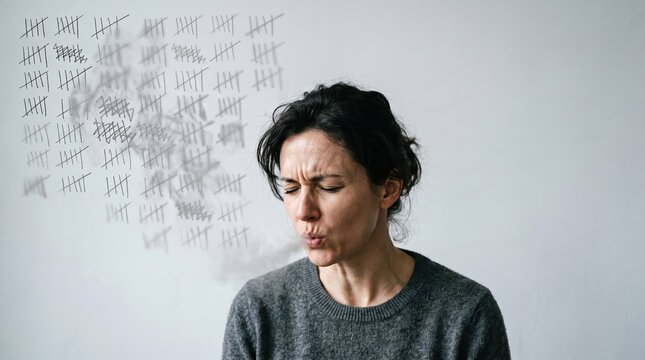 Woman exhaling with visible tension and tally marks symbolizing stress relief concept