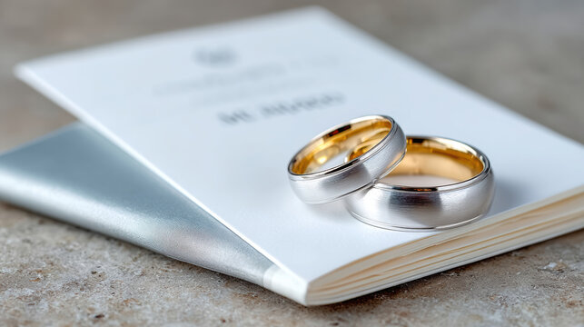 Minimal wedding program with silver and gold wedding rings resting on printed ceremony booklet for vows order, service schedule, couple introduction and rehearsal planning visuals