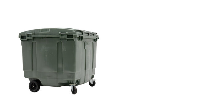Large green industrial plastic waste bin isolated on transparent background