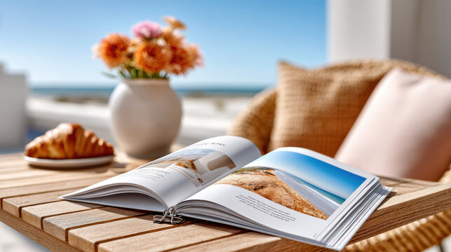 Open magazine spread on wooden table with seaside photography, vase of flowers and croissant for travel lifestyle editorial layout and home decor marketing mockup