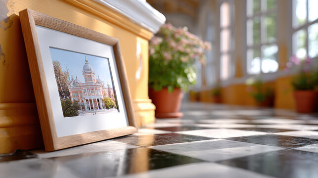 Heritage corridor interior with framed photograph and checkered marble floor for historical building background and long perspective composition for design
