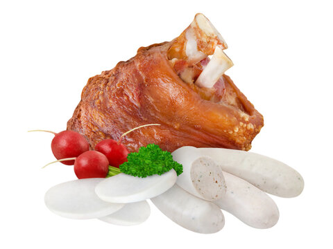 Bavarian sausages and knuckle of pork with beer and pretzel isolated on white background