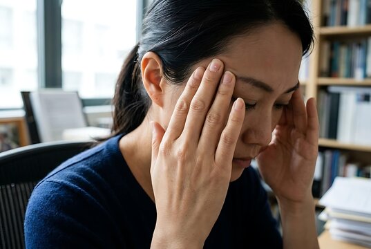 Stressed Asian woman suffering from a severe headache while working in the office, feeling painful headache symptoms and tension headache from burnout and overwork.