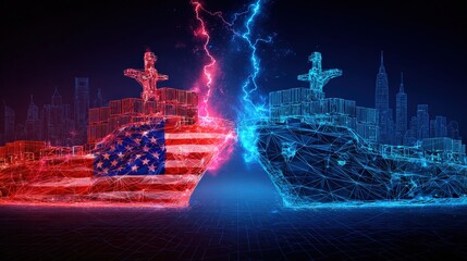 Obraz premium Digital concept illustration depicting a dramatic confrontation between two stylized, wireframe warships. ..Created with Generative AI, not depicting real subjects.