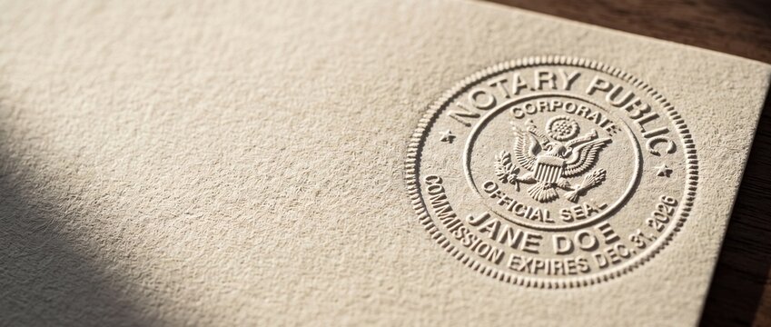 Official notary public corporate seal stamped on textured paper document for authenticity and verification purposes.