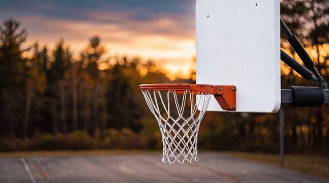 Basketball hoop and backboard at an outdoor park during sunset
