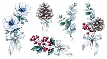 Obraz premium Winter watercolor floral collection, elegant hand-painted botanical elements, anemone flowers, pine cones, eucalyptus leaves, and red berries, perfect for holiday greeting cards and wedding