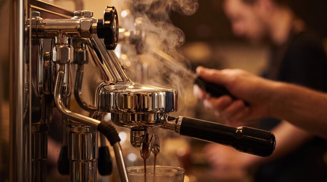 Professional Barista Brewing Fresh Espresso with Steam in a Coffee Shop