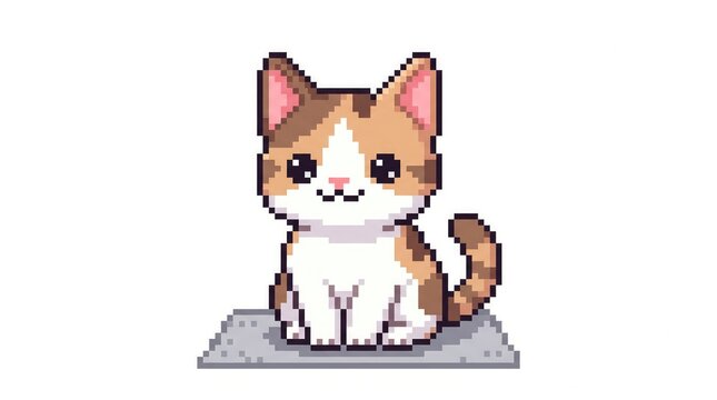 Cute Pixel Cat Sitting on a Laptop Keyboard. Adorable Digital Illustration of a Small Feline Character.