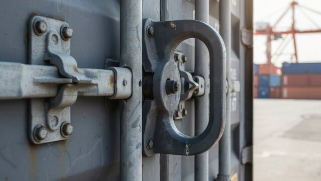 Closeup of a locked metal shipping container door mechanism in a.