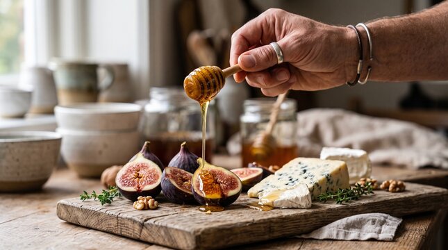 Hand pouring golden honey over fresh figs and cheese on rustic wooden board with blue cheese walnuts over sliced male hand delicious breakfast