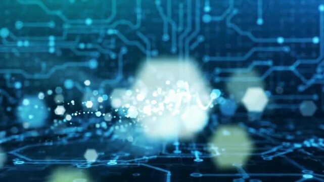 Abstract technology background video with glowing blue circuit board and bokeh light particles