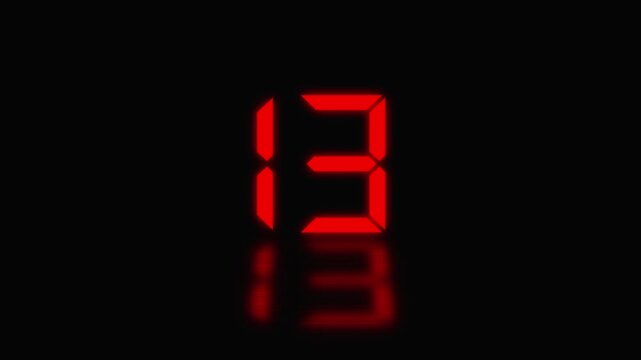 Sports shot clock countdown from 18 to 0. Glowing LED digits with afterglow. Red digital countdown timer with reflection on black background, clock numbers