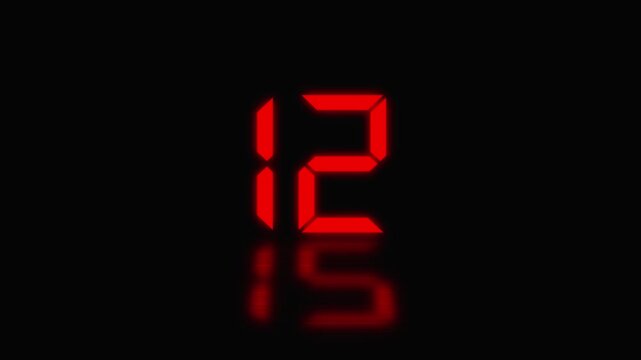 Sports shot clock countdown from 17 to 0. Glowing LED digits with afterglow. Red digital countdown timer with reflection on black background, clock numbers