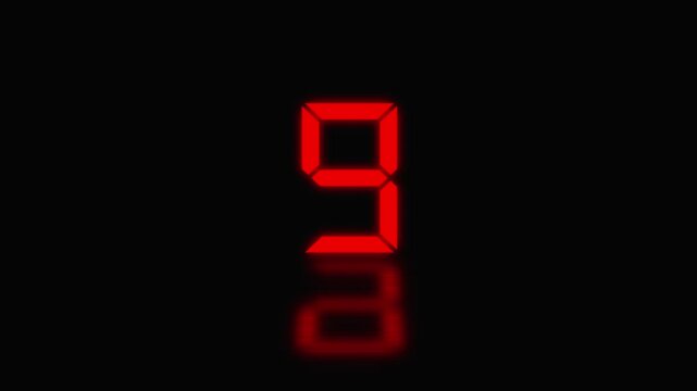 Sports shot clock countdown from 14 to 0. Glowing LED digits with afterglow. Red digital countdown timer with reflection on black background, clock numbers