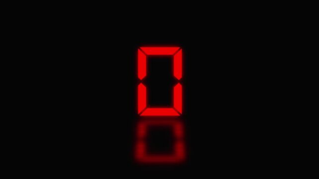 Sports shot clock countdown from 05 to 0. Glowing LED digits with afterglow. Red digital countdown timer with reflection on black background, clock numbers