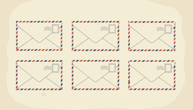 Six retro airmail envelopes with classic red and blue striped borders and vintage stamps arranged neatly on a warm cream background.