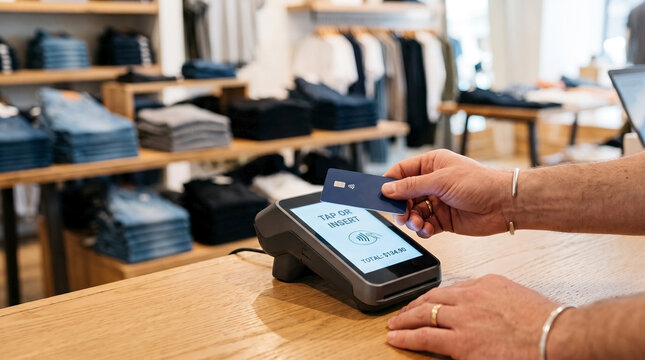 Customer making payment with credit card at checkout in retail store, modern register with card reader on wooden countertop. Shopping experience includes seamless transactions in clothing store.