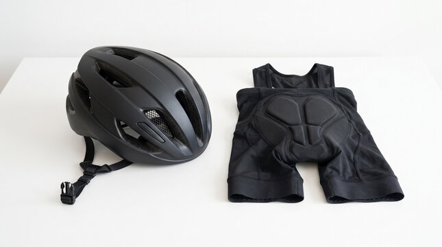 Black cycling helmet and padded shorts on white background. Cycling gear includes protective helmet and padded shorts for comfort during rides.