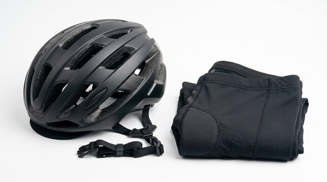 Cycling accessories including black helmet and padded shorts for safe rides. Cycling gear showcases essential items like helmet and shorts designed for comfort and protection.