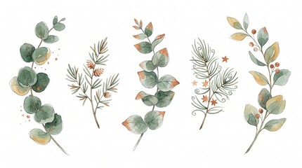 Obraz premium Watercolor eucalyptus branches and pine needles, a botanical collection of green foliage, rustic winter leaves, and decorative floral elements for festive designs.
