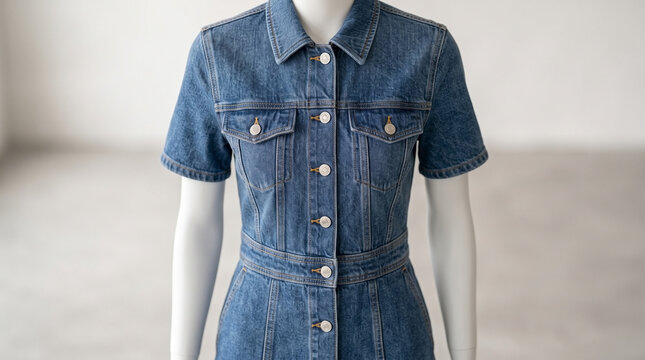 Classic denim dress on mannequin for modern clothing display. Short sleeve denim dress features button front, chest pockets, and cinched waist.