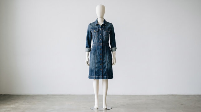 Mannequin displaying denim dress, simple background for presenting chic clutch bag with chain. Fashion setup offers clean commercial context for stylish clutch bag with chain. Visual for promotions,