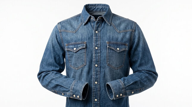 Classic blue denim shirt for men on white background. Casual apparel piece features long sleeves, collar, and front pockets with metallic buttons. Versatile clothing item perfect for fashion catalog,