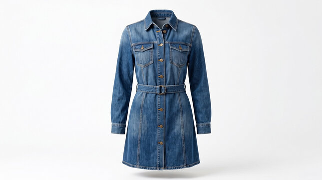 Denim dress with long sleeves, collared neckline, and belted waist on white background. Casual denim dress features classic blue wash, front button placket, and flap pockets.