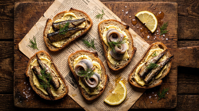 A top down view of delicious rustic rye bread sandwiches garnished with smoked fish sprats herring butter fresh dill and lemon slices served on vintage newspaper over dark wooden board