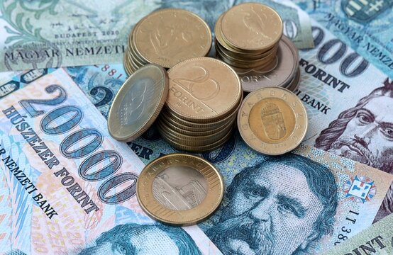 Hungarian forint money banknotes and coins on table. Hungary cash bills of HUF currency