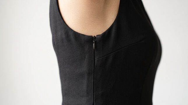 Elegant black dress design with zipper detail showcasing modern fashion trends. Close-up view highlights stylish armhole and sleek silhouette offering sophisticated looks.