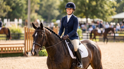 Obraz premium Equestrian rider on brown horse smiling during horseback riding competition at outdoor arena. Rider wears helmet and formal attire, showcasing confidence on horseback.