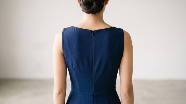 Elegant dark dress worn by model showcasing back detail in minimalist studio setting. Dark dress features fitted silhouette and stylish design elements,