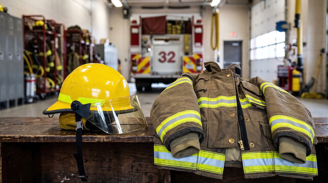 Firefighter equipment with yellow helmet and jacket laid on wooden table inside fire station. Firefighter gear is essential for safety and protection during emergencies.