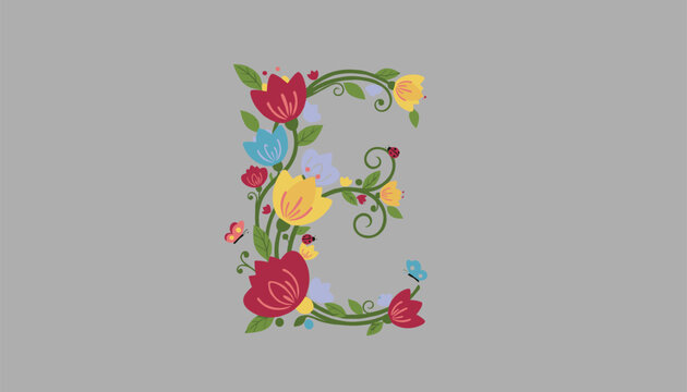 Beautiful capital letter E intricately decorated with colorful spring flowers, green vines, butterflies, and cute red ladybugs.
