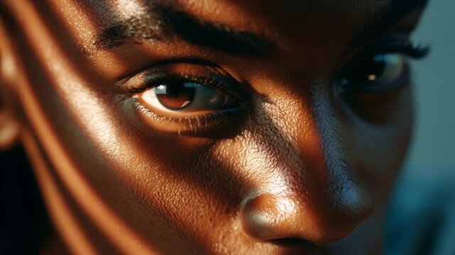 Young Black woman face close up opens her brown eyes in warm sunlight rays that light her skin through window blinds

