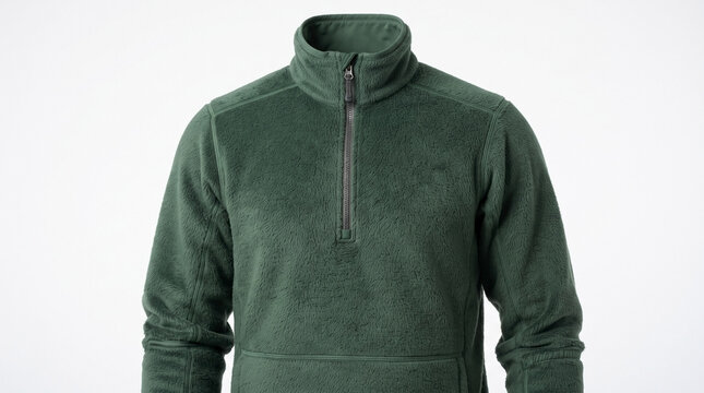 Warm fleece jacket pullover with zipper in green color for outdoor activities. Cozy fleece jacket features a high collar and comfortable fit, ideal for layering during chilly days.