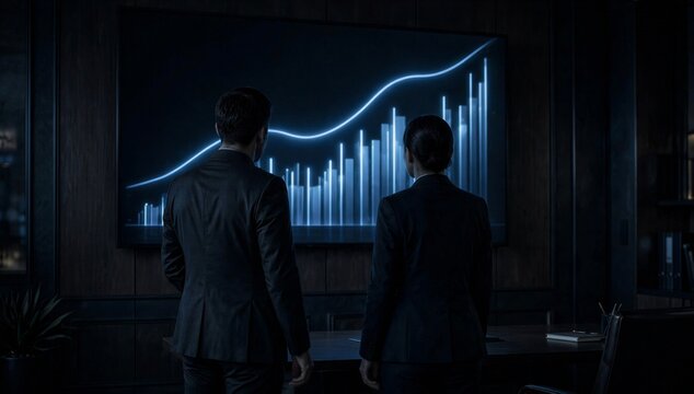 Two business executives view a glowing upward chart on screen, symbolizing performance management consulting, kpi review, growth strategy, and data driven decision making.