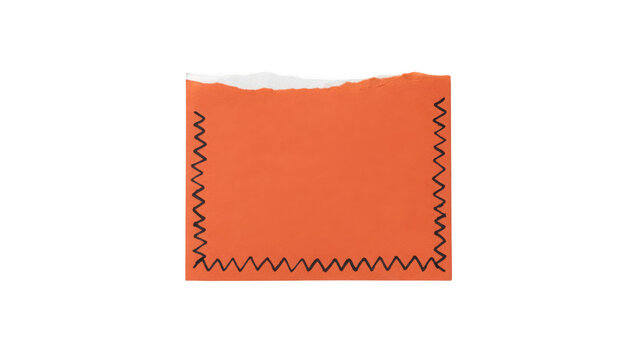 Orange paper note with torn top edge and black zigzag border isolated on transparent background