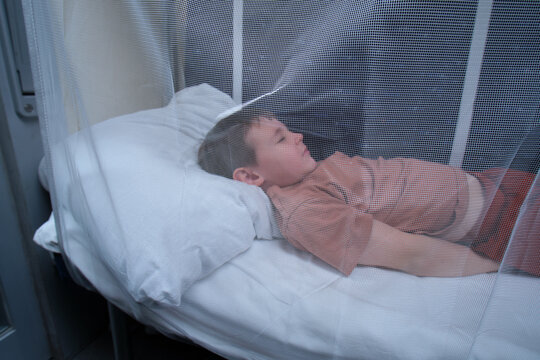Boy sleeping in train bunk bed behind protective safety net. Child resting during railway trip. Travel by night train, comfort and safety for passenger during long distance journey.