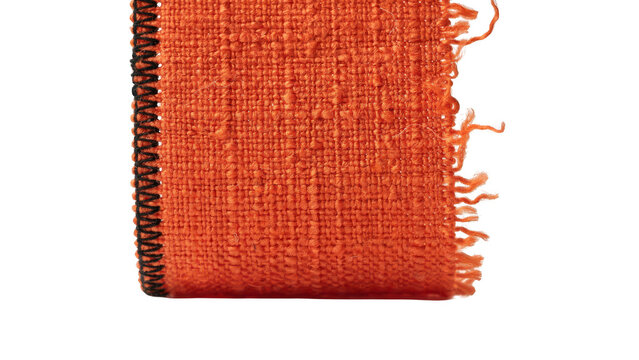 Closeup of a strip of orange textured fabric with frayed edges isolated on transparent background