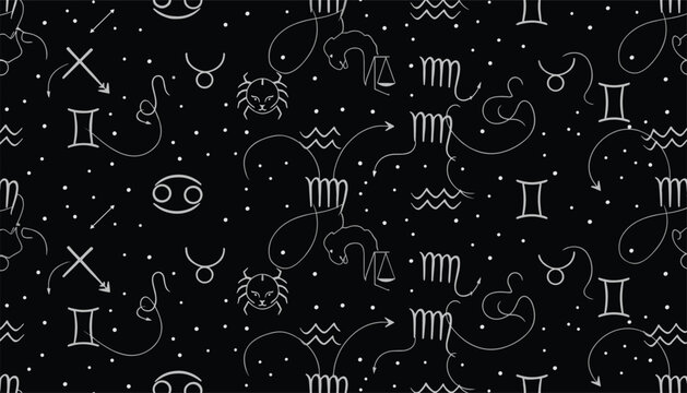 Astrological seamless pattern with hand drawn white zodiac symbols and tiny stars over a solid black background.